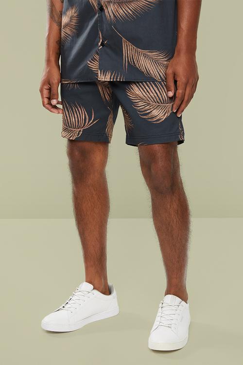Palm printed elastic volume shorts - black & brown