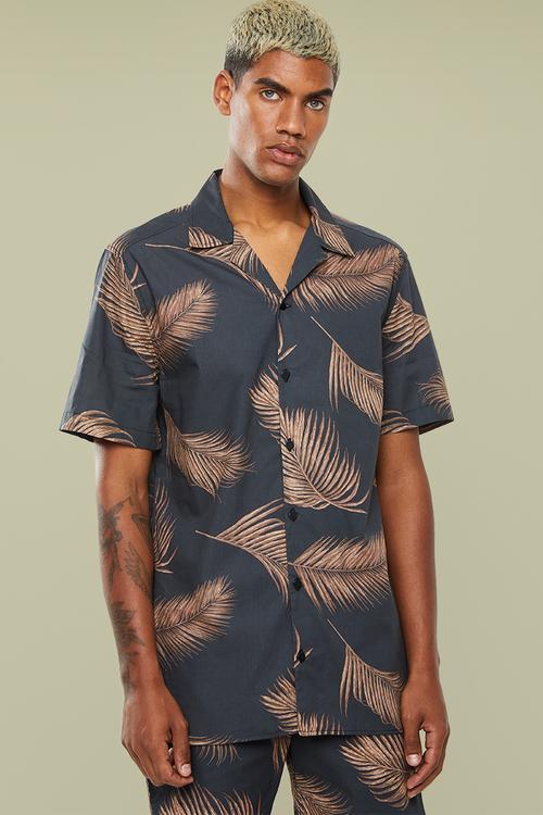 Palm printed revere collar shirt - brown & black