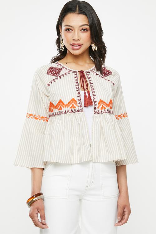 Embroidered top - beige & white