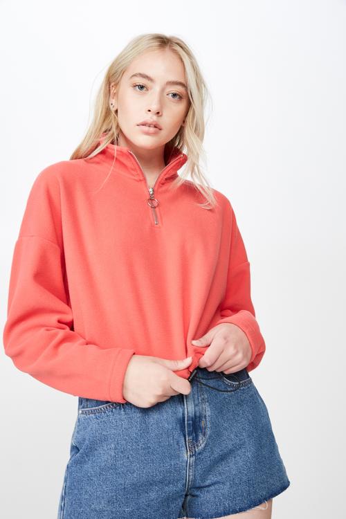 Crop quarter zip polar fleece - coral