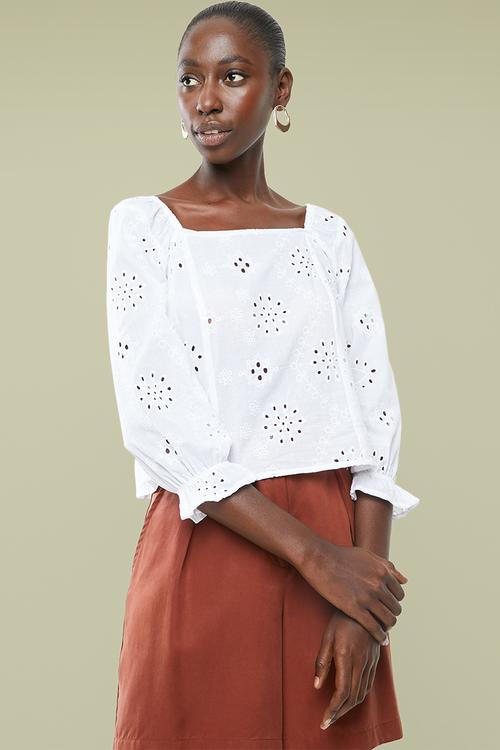 Square neck anglaise blouse - white
