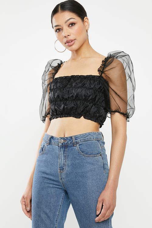 Organza puff sleeve crop - black