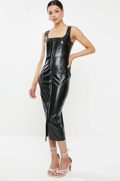 Faux leather hook and eye bodycon midi dress - black