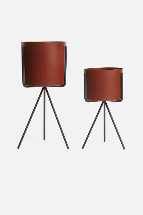 Pedestal iron plant pot set – clay brown