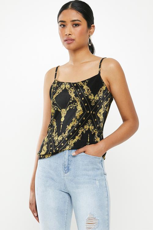 Plisse chain print cami - black & yellow 
