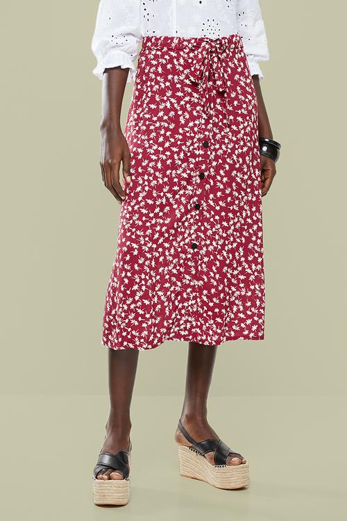 Button through midi skirt - burgundy & white 
