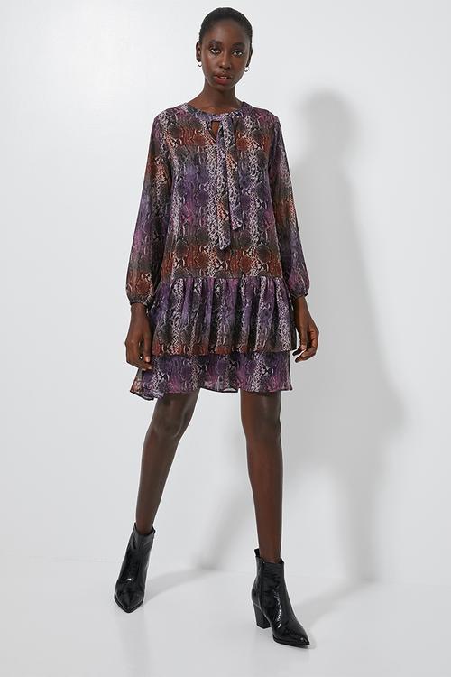 Dropped waist kitty bow dress - purple & brown