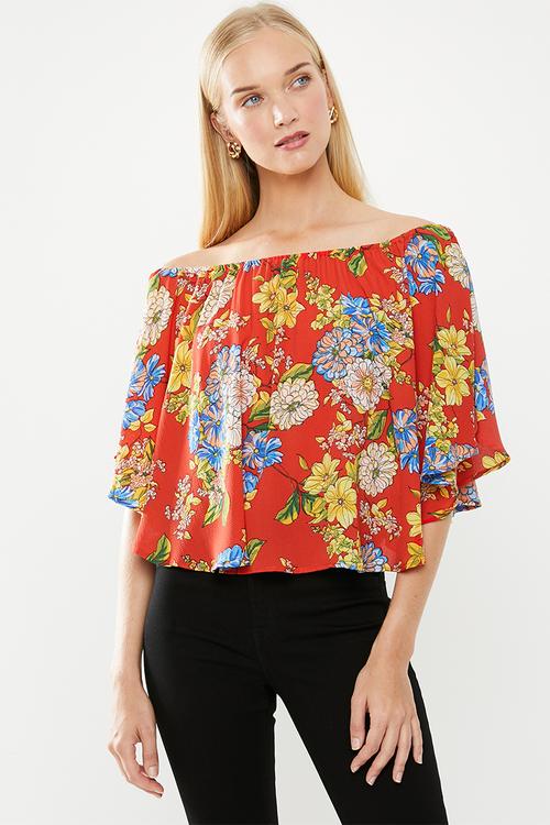 Satin bardot blouse - red