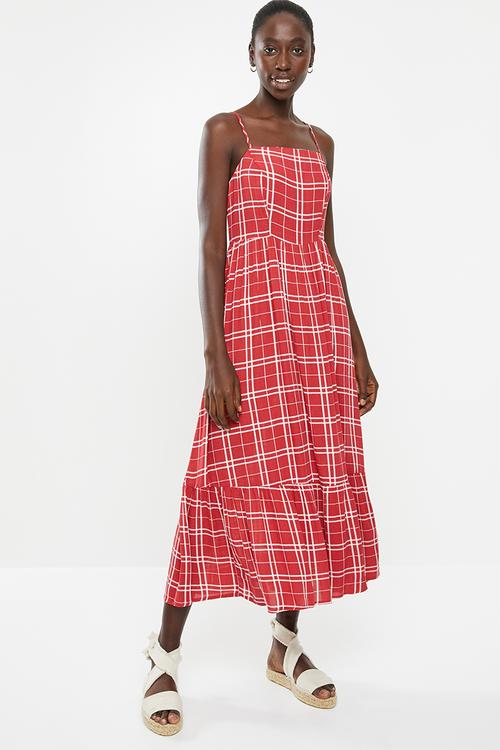 Check tier midi dress - red