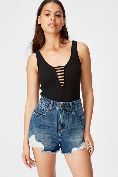 High rise denim shorts - distressed deep blue