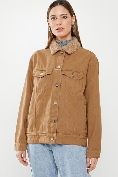 Borg collar oversized denim jacket - tan