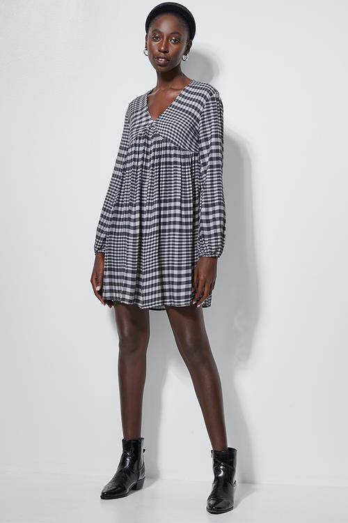 V-neck swing dress - grey grid check
