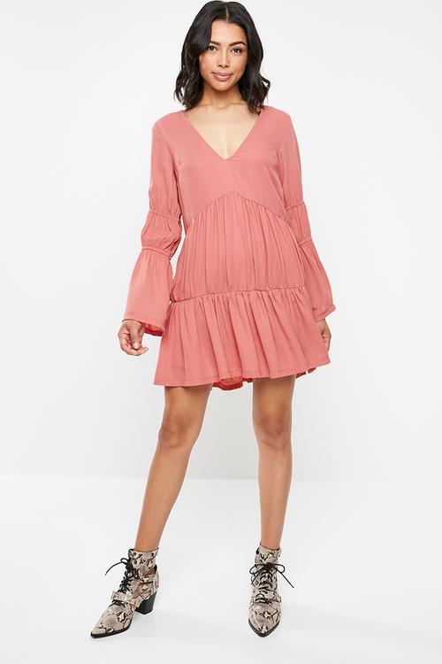 V neck tiered smock dress - pink