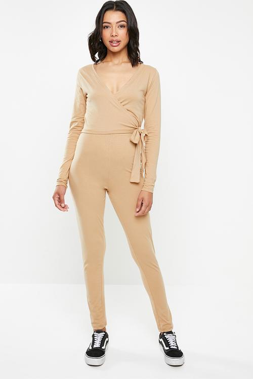 Wrap top long sleeve legging lounge set - brown