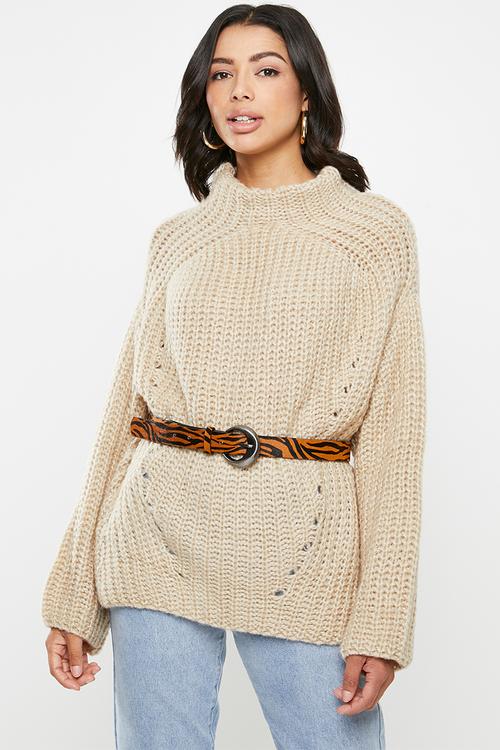 Chunky grown on neck jumper - beige