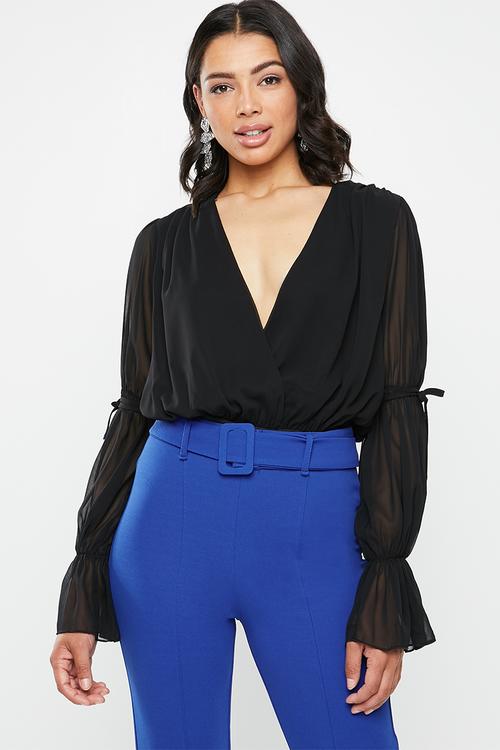 Chiffon plunge tie sleeves bodysuit - black