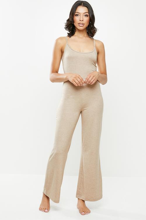 Strappy wide leg loungewear jumpsuit - beige