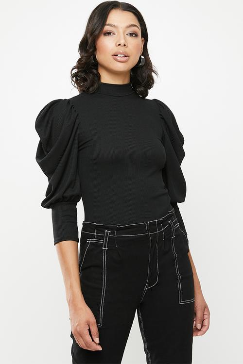 Puff sleeve crew neck ribbed recycled yarn top - black