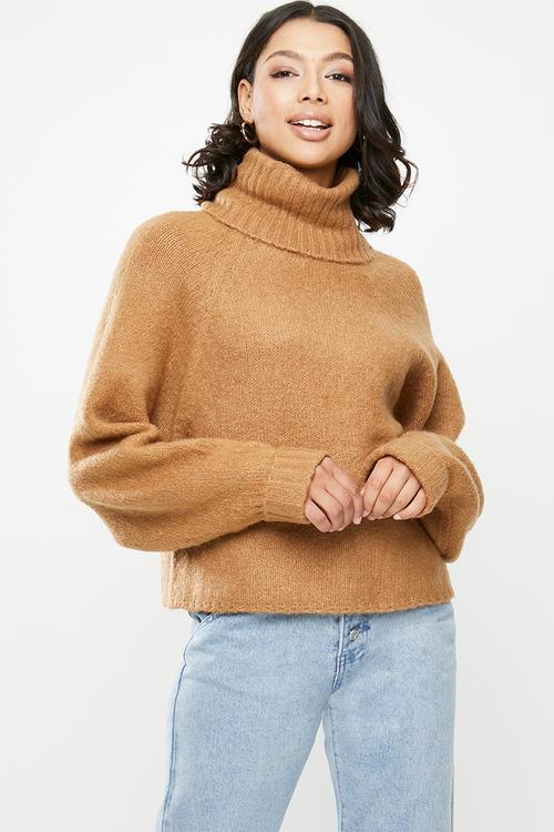 Rib roll neck batwing jumper - camel