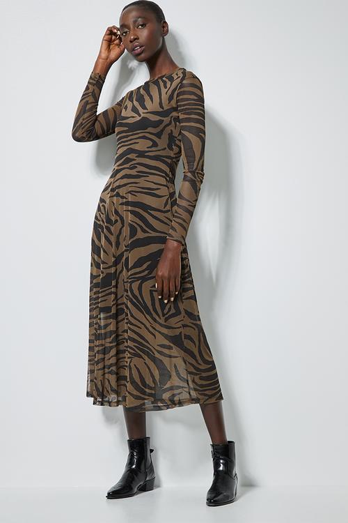 Mesh fit & flare dress - black & brown