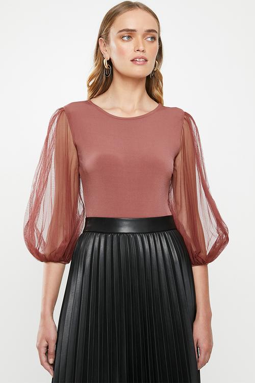 Pleated sleeve bodysuit - rose