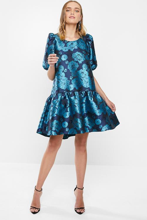Puff sleeve mini dress - blue floral