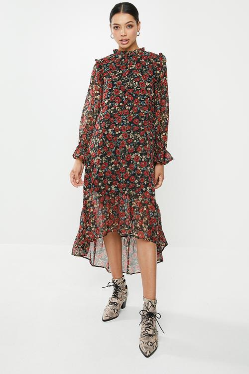 Frill neck midi smock dress floral - multi 