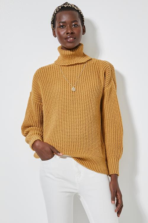 Roll neck chunky knit jumper - yellow