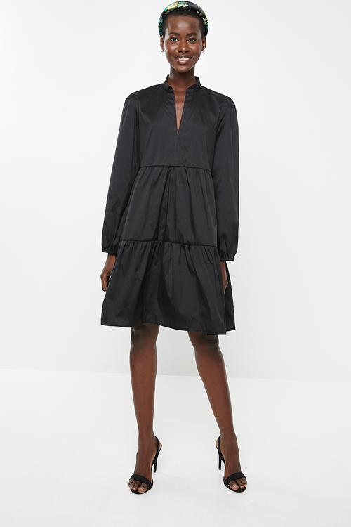 Taffeta tiered mini dress - black