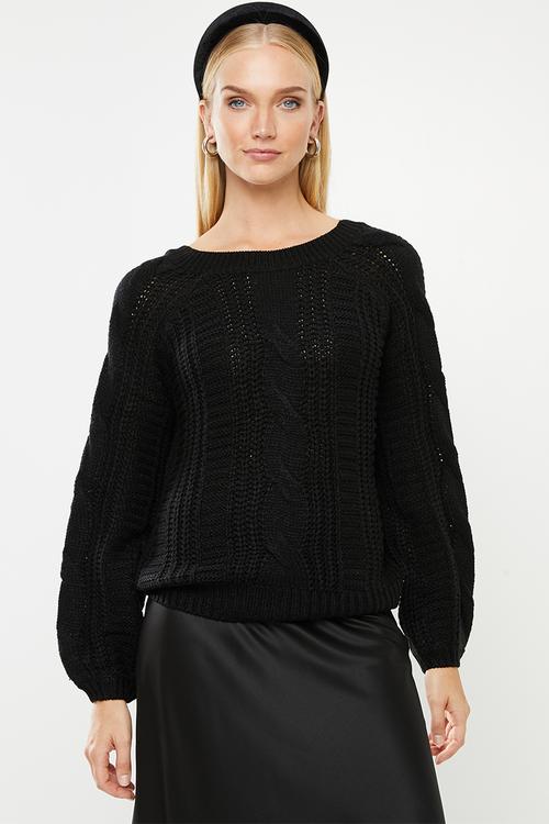 Allie v-back cable blouse - black