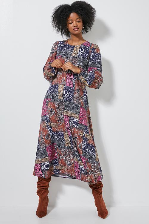 Midi tea dress long sleeve - multi