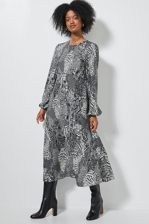Midi tea dress long sleeve - black & beige 