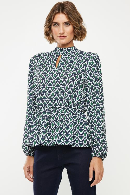 Waisted blouse with keyhole - multi 