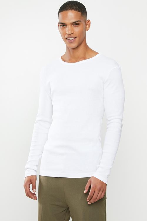 Premium ribbed crew neck sleep top - white