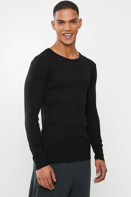 Premium ribbed crew neck sleep top - black