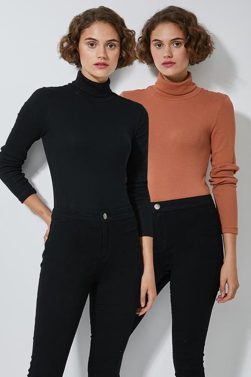 2 Pack stretch rib poloneck tees - black & brown