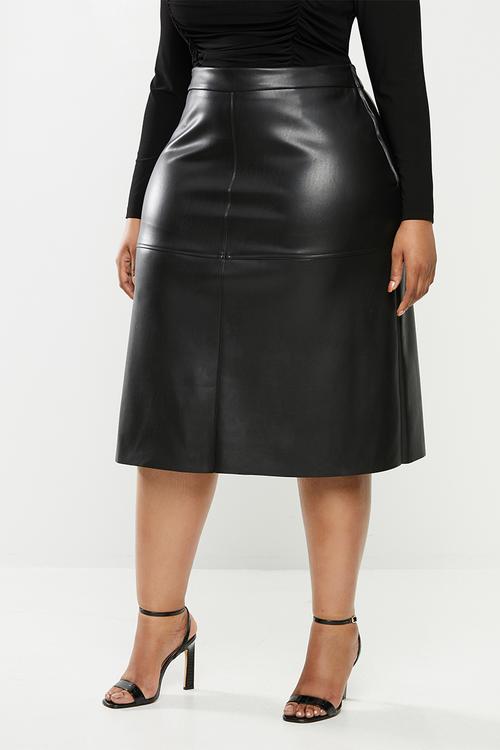 Heavy pu a-line midi skirt with panels - black
