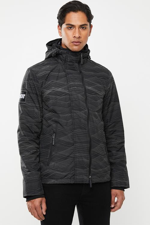 Hooded artic print pop zip windcheater - black & grey