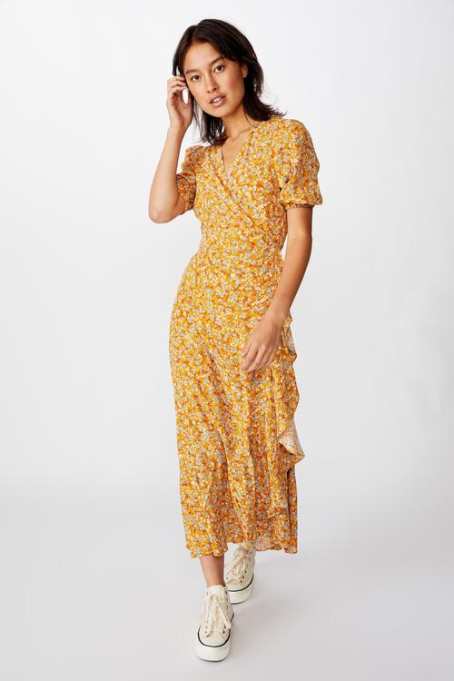 Woven ri ruffle wrap maxi dress bronte ditsy - mineral yellow