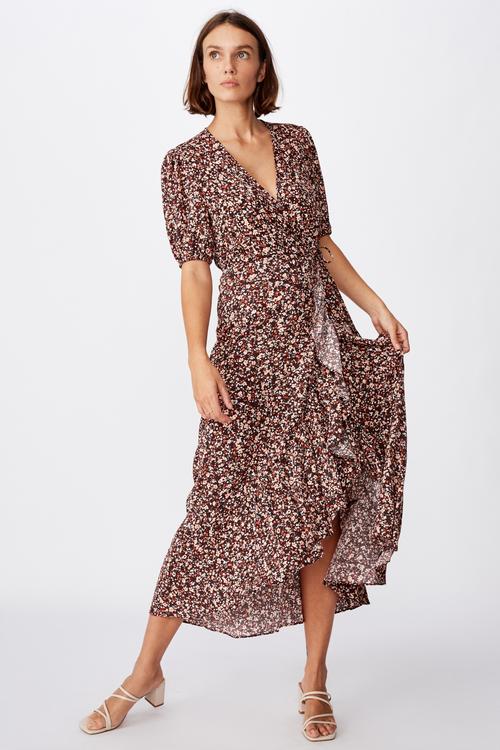 Woven Ri ruffle wrap maxi dress bronte ditsy - canyon sunset