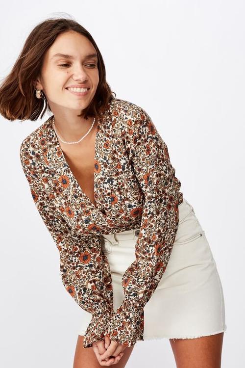 Hailey long sleeve wrap blouse jordyn floral - mid brown