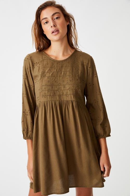Woven Bethany broiderie babydoll mini dress - dark olive