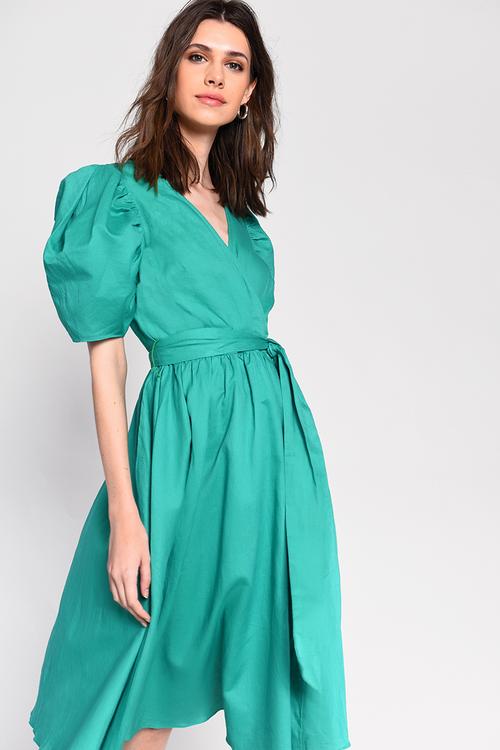 Full skirt wrap dress with puff sleeve - green