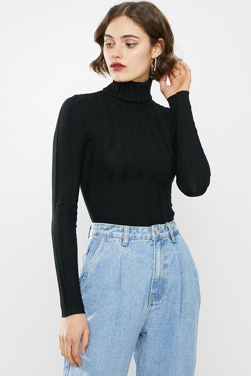 Roll neck extreme rib bodysuit - black