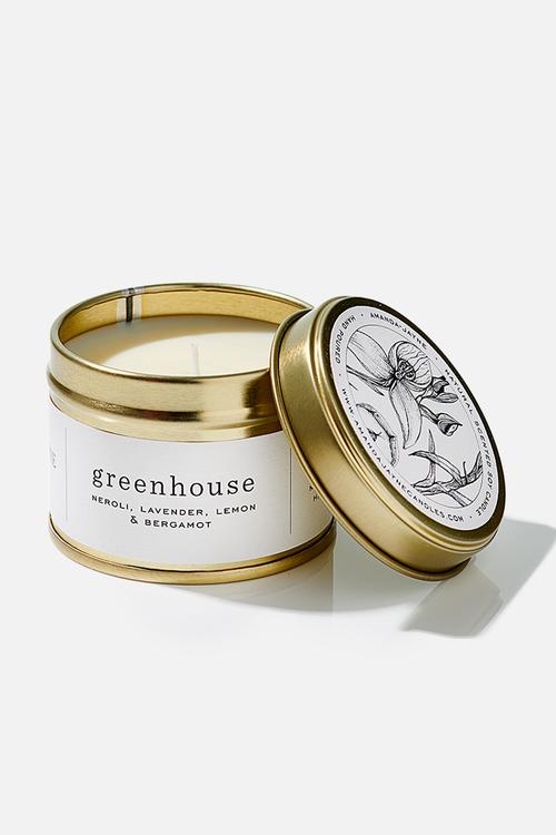Greenhouse gold travel tin candle
