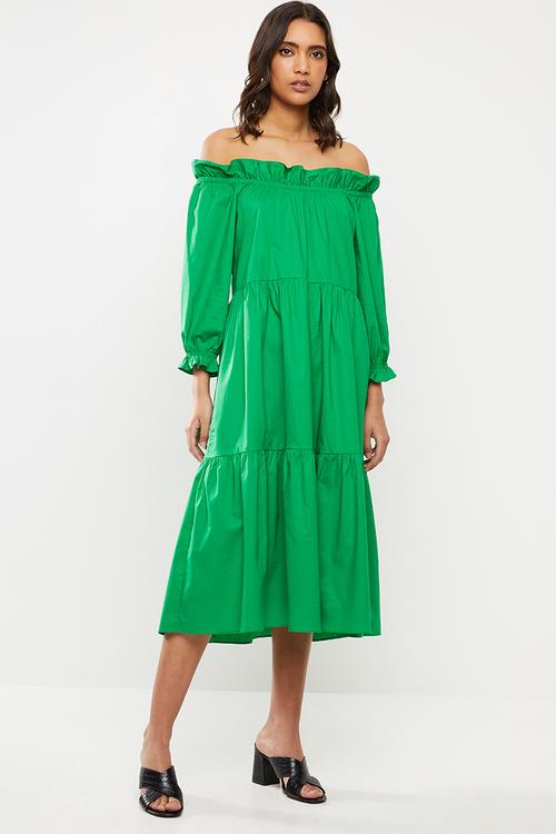 Poplin ots tiered midi dress - green