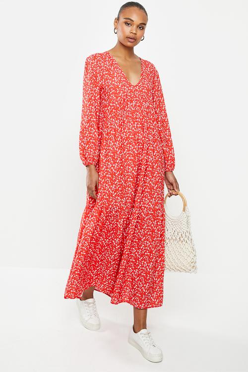 V-neck tiered maxi dress - red 