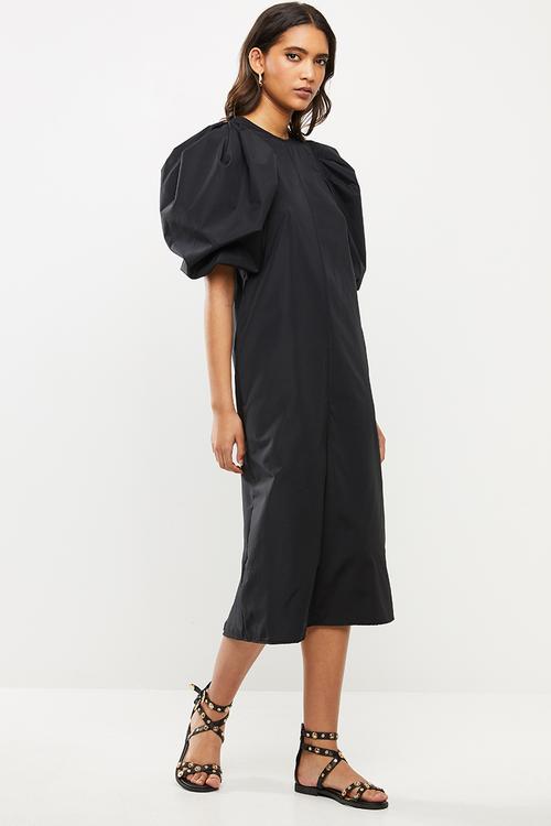 Poplin puff sleeve midi dress -black