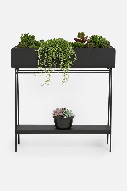 Ava barrel planter with shelf - black