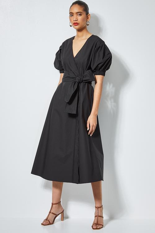 Poplin wrap dress with self tie belt - black